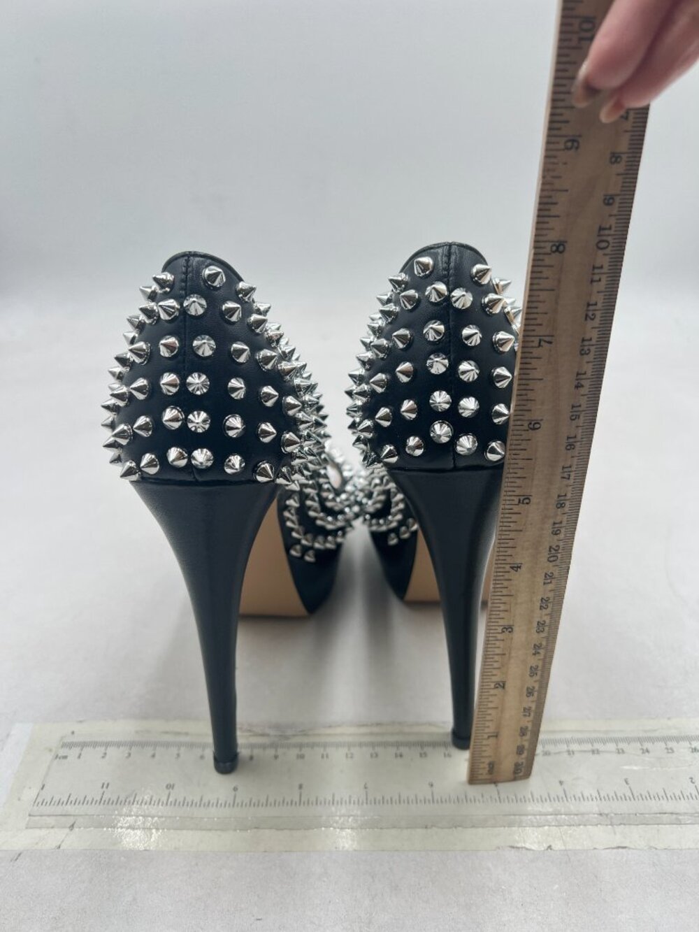 FSJ Black Silver Rivets Platform Heel Peep Toe High Stiletto Heel Slip On Pumps - Picture 5 of 8